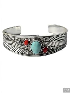 Boho Southwestern Silver Cuff – Turquoise and Coral Statement Bracelet New